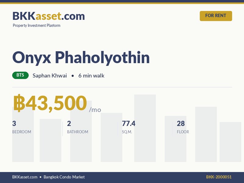 ให้เช่า Onyx Phaholyothin 3 ห้องนอน 77.4 ตร.ม. ราคา 43,500 บาท/เดือน