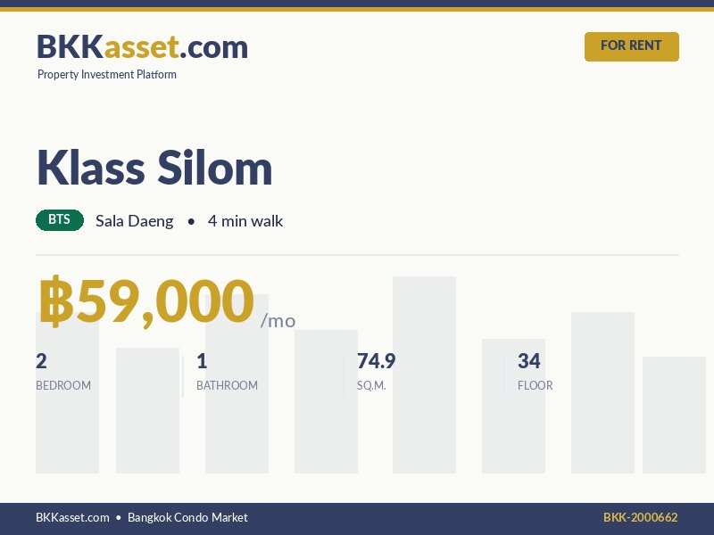 ให้เช่า Klass Silom 2 ห้องนอน 74.9 ตร.ม. ราคา 59,000 บาท/เดือน