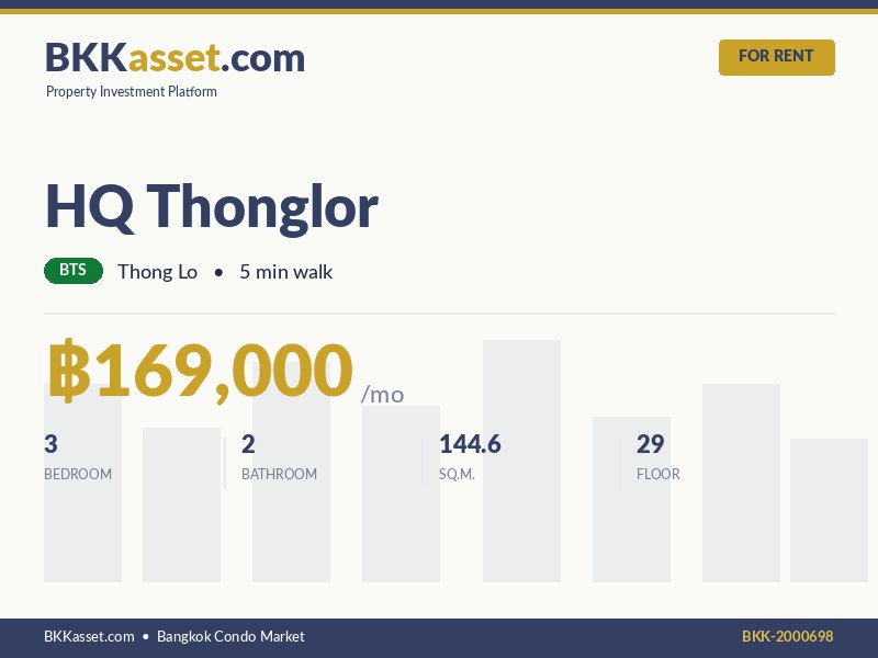 ให้เช่า HQ Thonglor 3 ห้องนอน 144.6 ตร.ม. ราคา 169,000 บาท/เดือน