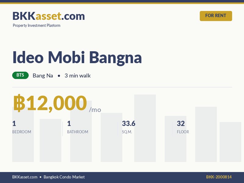 ให้เช่า Ideo Mobi Bangna 1 ห้องนอน 33.6 ตร.ม. ราคา 12,000 บาท/เดือน