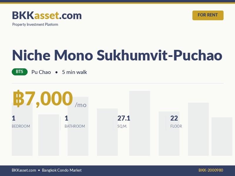 ให้เช่า Niche Mono Sukhumvit-Puchao 1 ห้องนอน 27.1 ตร.ม. ราคา 7,000 บาท/เดือน