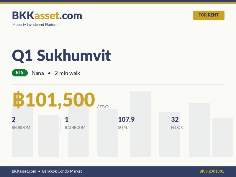 ให้เช่า Q1 Sukhumvit 2 ห้องนอน 107.9 ตร.ม. ราคา 101,500 บาท/เดือน