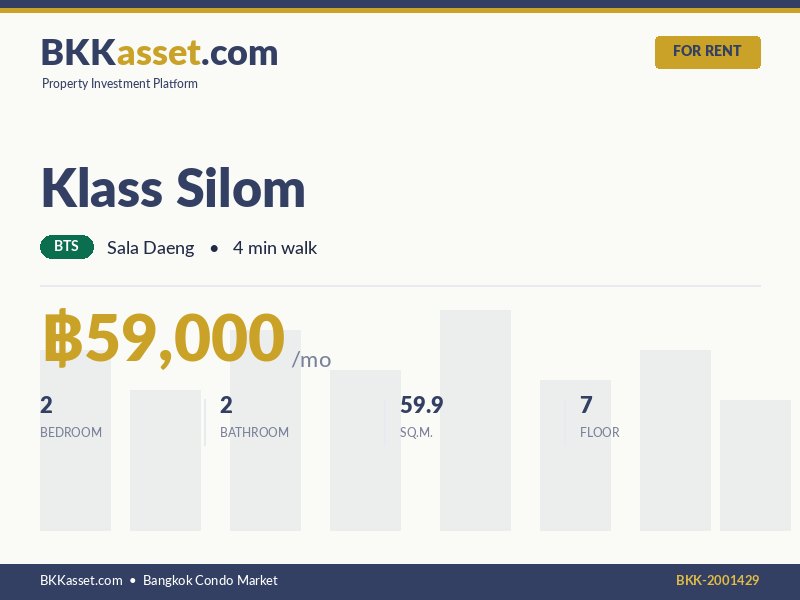 ให้เช่า Klass Silom 2 ห้องนอน 59.9 ตร.ม. ราคา 59,000 บาท/เดือน