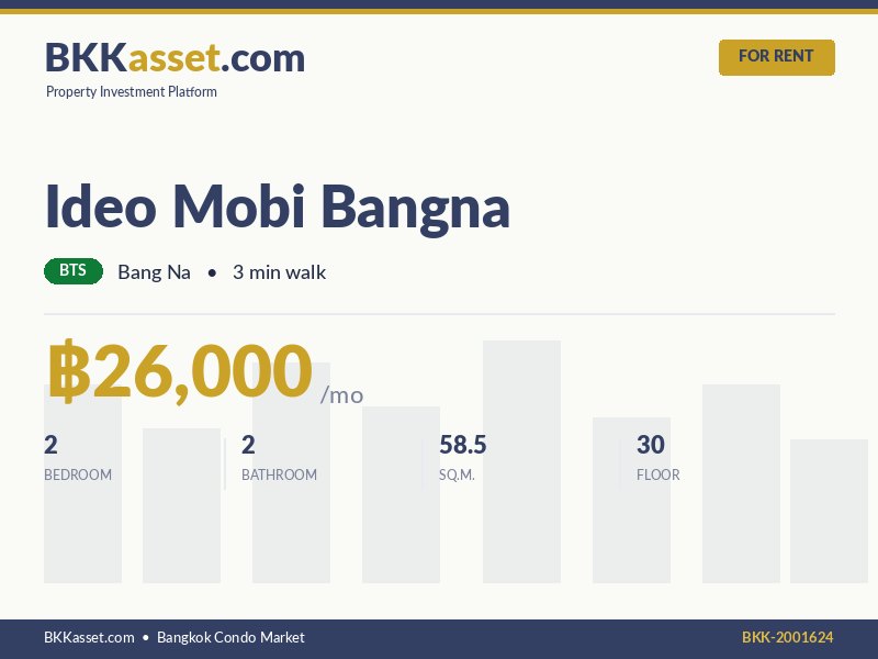 ให้เช่า Ideo Mobi Bangna 2 ห้องนอน 58.5 ตร.ม. ราคา 26,000 บาท/เดือน